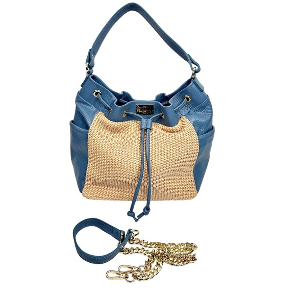 Unica Firenze NEW Italian Leather + Straw Bag Purse Sky Blue - Picture 2 of 16